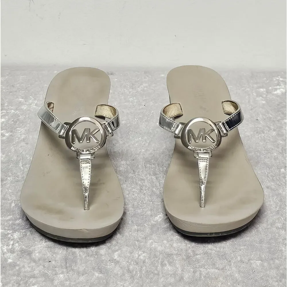 Michael Kors Warren Women Metallic T-Strap Thong Wedge Sandals-Size 7M